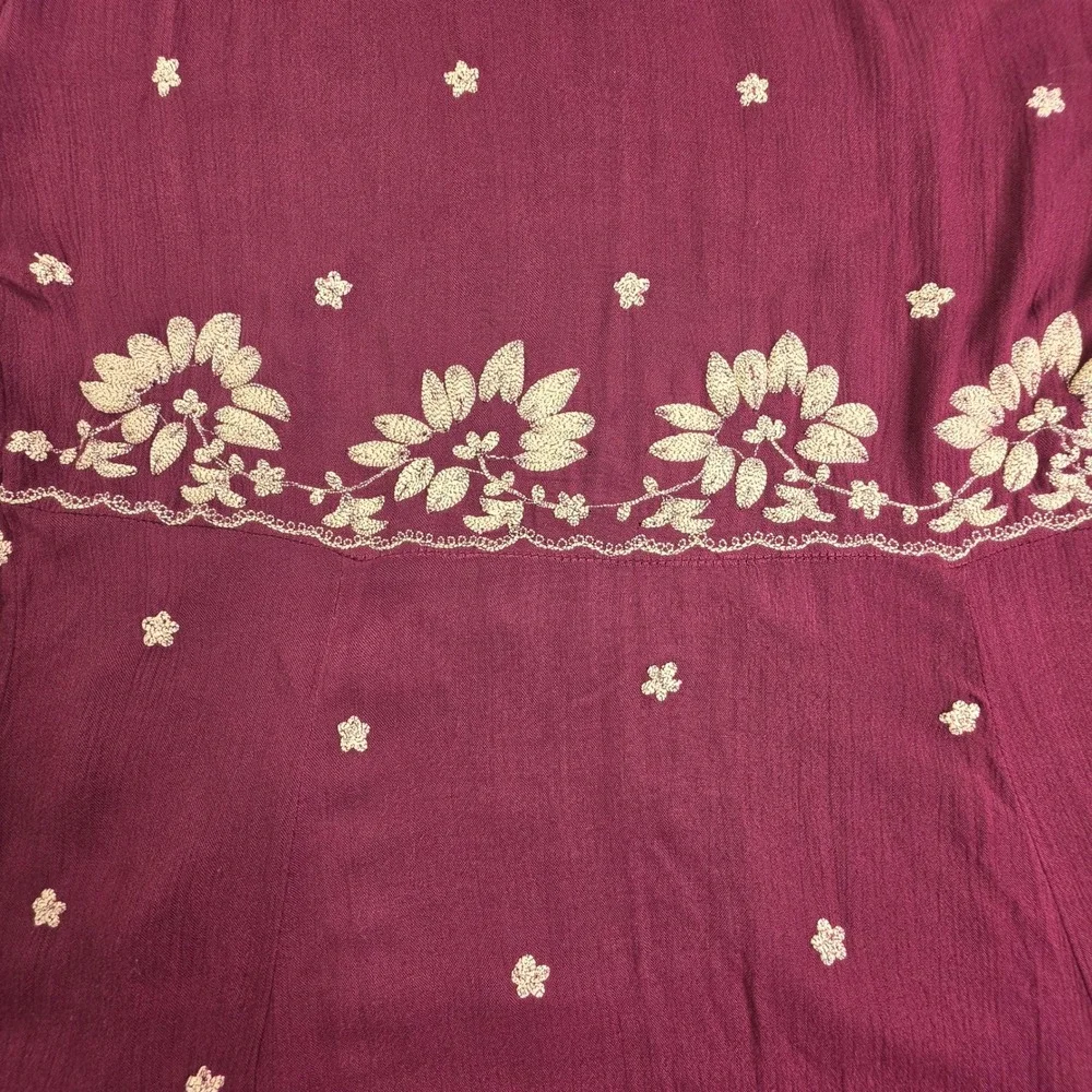 Free People Maxi Dress Womens Small Burgundy Floral Embroidered Boho V-Neck